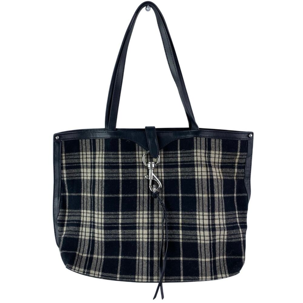Rebecca Minkoff Megan Black Flannel Plaid Leather Shoulder Travel Tote Bag OS